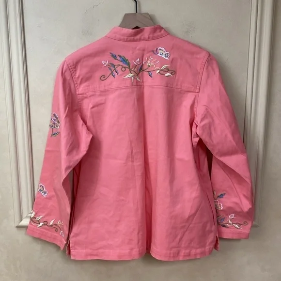 Vintage Women's Quacker Factory Pink Floral Embroidered Denim Jacket Sz Medium - Picture 6 of 7
